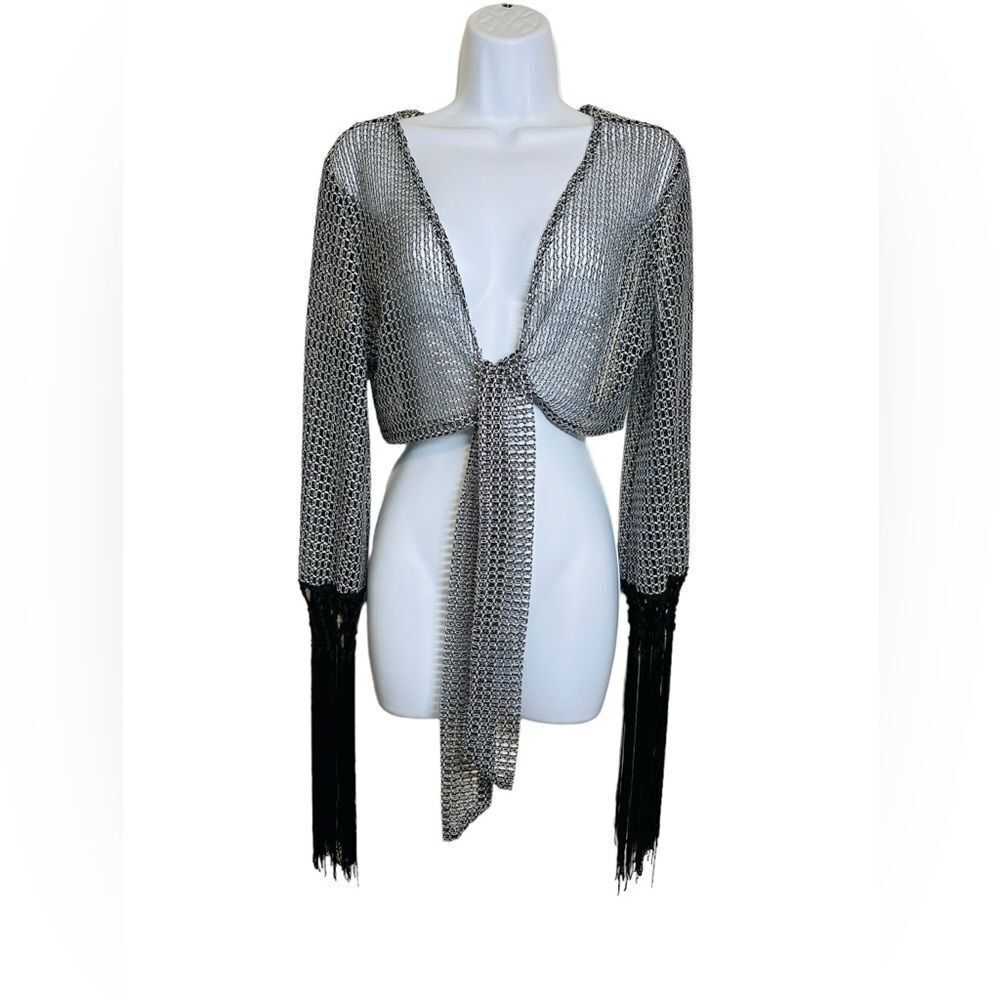ALEXANDRA KATSAITI Women Open Weave Coverup With Fringe Silver Black Size Small